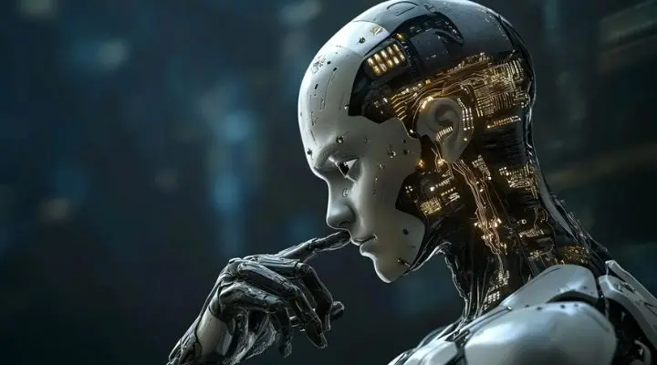 Robot humanoide futurista con circuitos visibles y superficie metálica, posando en posición pensativa ante el panorama del gaming en 2025