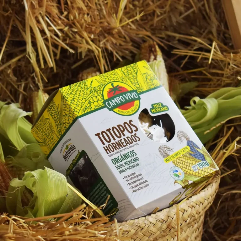 Una caja de totopos orgánicos horneados de Campo Vivo reposa tentadoramente en una canasta adornada con hojas de maíz y heno.