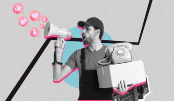 Un hombre con gorra y barba sostiene un megáfono y una caja de cartón con un teléfono de disco. Iconos de “me gusta” y comentarios flotan cerca del megáfono. El fondo presenta formas geométricas.