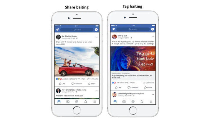 Dos teléfonos inteligentes muestran ejemplos de publicaciones de Facebook. Uno, con la etiqueta "Share baiting", muestra una publicación sobre un automóvil; el otro, "Tag baiting", muestra una publicación sobre un cabello colorido. Ambos emplean ingeniosamente mensajes de participación para captar la atención de los usuarios.