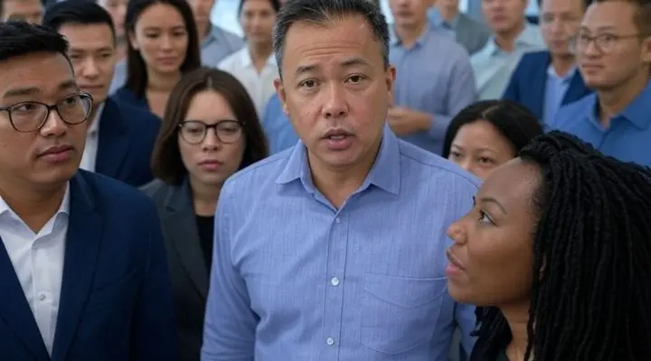 En medio de una crisis de marca, un grupo de personas se reúnen y miran atentamente. El hombre en el centro lleva una camisa azul claro, que simboliza la esperanza y el liderazgo.