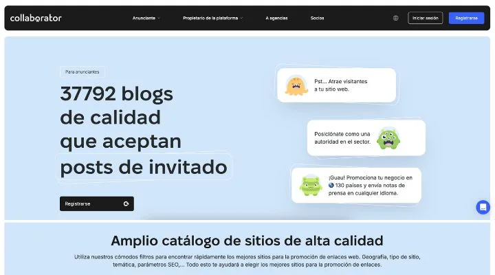 Descubra una página web que muestra una base de datos de 37.792 blogs de calidad abiertos a publicaciones de invitados, mejorados con texto e ilustraciones divertidas de personajes hablando. de guest post