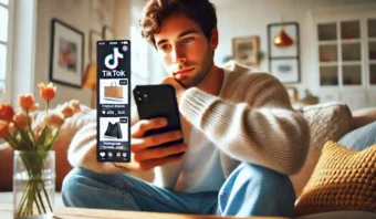 Un hombre está sentado en un sofá y sostiene un teléfono inteligente que muestra TikTok con contenido de compras en la pantalla. En una mesa cercana hay un jarrón con flores.
