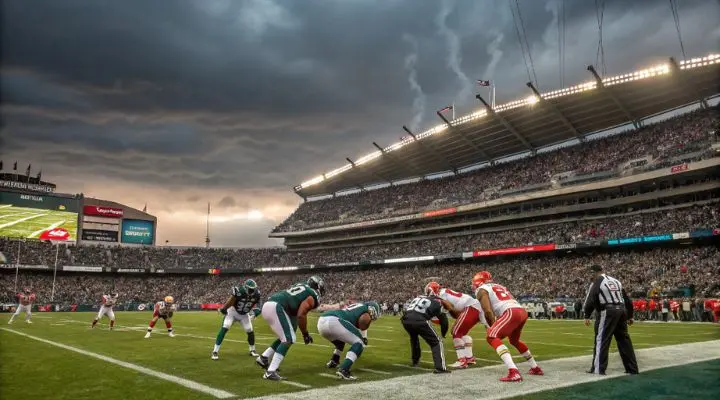 El super bowl LIX en un estadio bajo un cielo espectacular y nublado. Los jugadores de los equipos contrarios están alineados en el campo, con una gran multitud en las gradas.