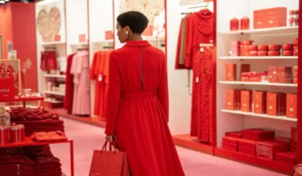 Una persona con un abrigo rojo se encuentra en una tienda rodeada de ropa y productos de color rojo.