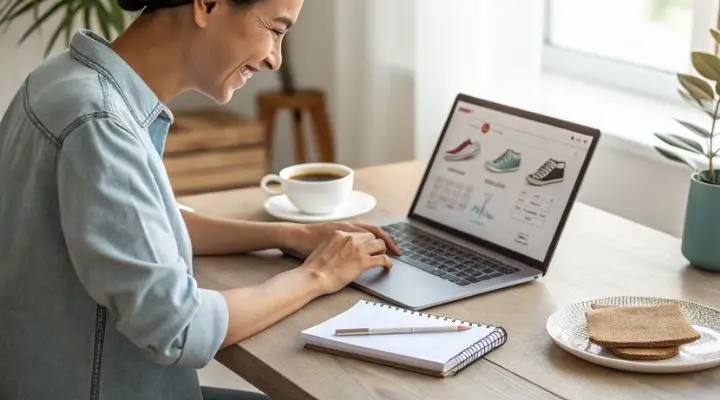 Una persona está sentada en una mesa, sonriendo mientras explora el e-commerce en México en una computadora portátil. Una taza de café, una libreta y bocadillos están sobre la mesa.
