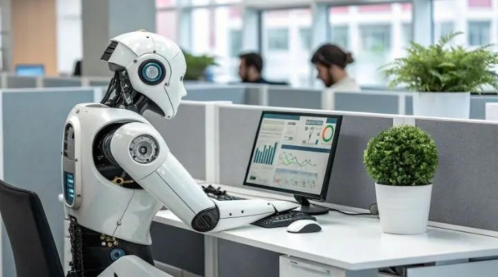 Un robot humanoide se sienta en un escritorio en una oficina y utiliza IA avanzada para analizar datos en una pantalla de computadora. Se ven dos personas en el fondo, mientras que una planta en maceta agrega un toque de naturaleza a la escena.
