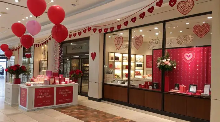 La fachada de la tienda, perfectamente diseñada para el Día de San Valentín, presenta globos rojos, adornos en forma de corazón y atractivos expositores de regalos: un brillante ejemplo de neuromarketing en San Valentín que cautiva el corazón de cada transeúnte.
