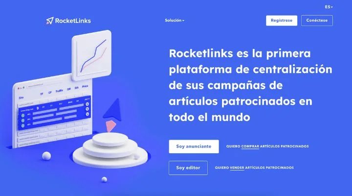 Página web azul con el logotipo de Rocketlinks, que incluye un gráfico en 3D. El texto destaca su papel en la centralización de campañas de artículos patrocinados y publicaciones invitadas a nivel mundial. Se muestran las opciones para anunciantes y editores.