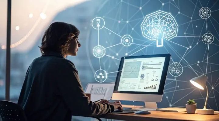Una persona frente a una computadora analizando datos con gráficos digitales, incluida una ilustración de la red cerebral en el fondo, personifica la creatividad a escala.