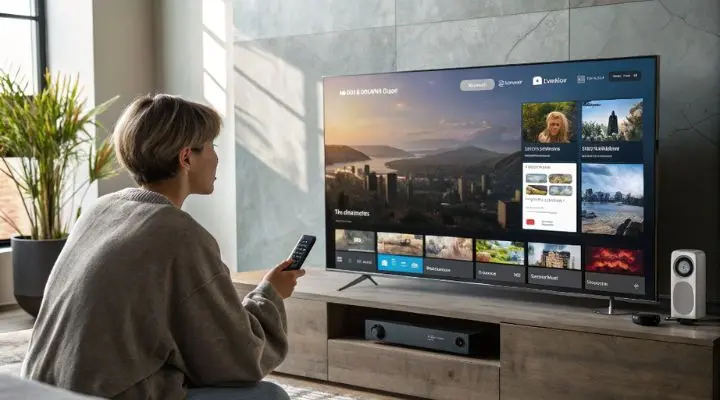 Una persona se relaja en un sofá, con el mando en la mano, mientras disfruta del "consumo de contenidos" a través de una interfaz de televisión inteligente llena de opciones diversas. Cerca, una planta da vida a la escena mientras un altavoz reposa serenamente sobre el mueble.