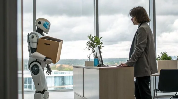 Un robot humanoide de Inteligencia Artificial con una caja de cartón está parado en una oficina al lado de una persona en un escritorio.