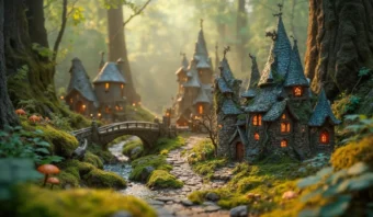Escena de pueblo de fantasía con cabañas de piedra, ventanas brillantes, un puente de piedra sobre un pequeño arroyo, rodeado de bosque y setas.
