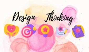 Texto "Design Thinking" con iconos de un corazón, un objetivo, una bombilla, un engranaje y un portapapeles sobre un fondo abstracto rosa y amarillo.