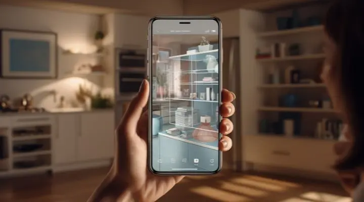 Una mano sostiene un teléfono inteligente que muestra una vista de realidad aumentada de una cocina, superponiendo perfectamente estantes y decoración digitales sobre el fondo de la cocina real, incorporando un mobile-first para la innovación del diseño moderno.