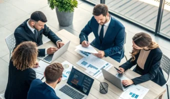 Cinco personas vestidas de negocios están sentadas alrededor de una mesa en una reunión, trabajando con computadoras portátiles y revisando documentos en un entorno de oficina moderno.