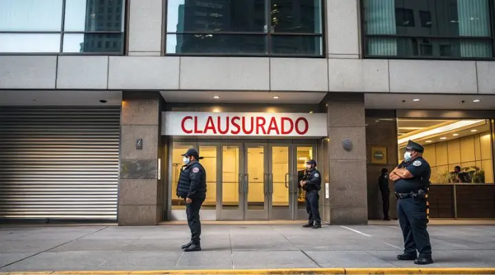 Tres agentes de seguridad se encuentran afuera de un edificio con un cartel de "CLAUSURADO" sobre la entrada, marcando un entorno urbano posterior a la verificación administrativa.
