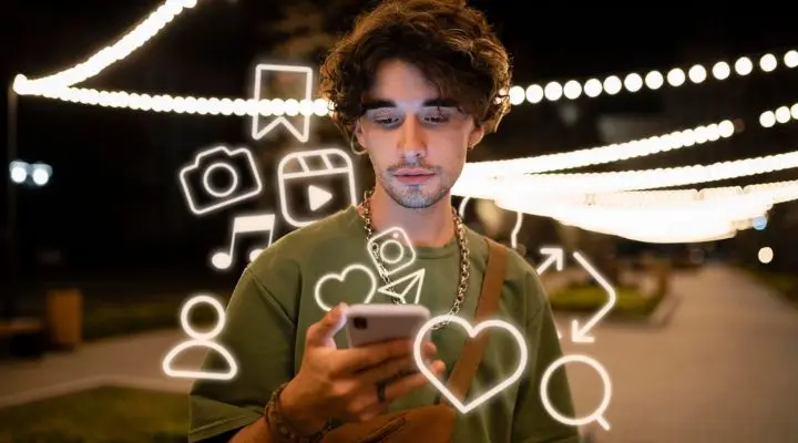 En medio del resplandor de las luces de cadena en la noche, una persona mira fijamente su teléfono inteligente, mientras los íconos digitales flotan a su alrededor, encarnando la esencia del influencer marketing.