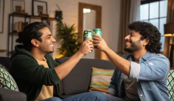 Dos personas sentadas en un sofá, sonriendo y tintineando latas de refresco en una acogedora sala de estar.
