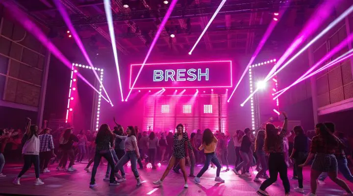 Una multitud animada baila bajo luces vibrantes en La Bresh, con un gran cartel que dice "BRESH" en el fondo.