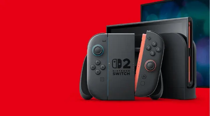 Sobre un fondo rojo, la consola Nintendo Switch y su base se destacan orgullosamente, flanqueadas por dos controles Joy-Con, un testimonio de su destreza en la guerra de consolas.