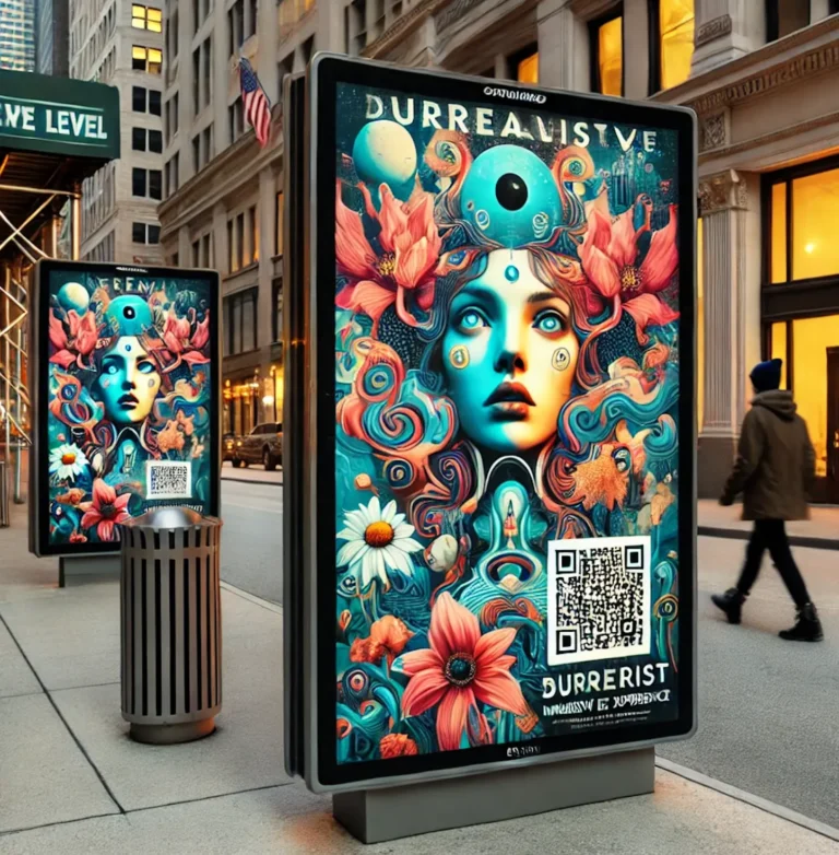 Los carteles de arte surrealista con colores psicodélicos y diseños florales se presentan en una campaña OOH en paneles de calles de la ciudad. Incluye un código QR y el texto "DURREALIST". Los peatones pasean al fondo, cautivados por la vibrante exhibición.