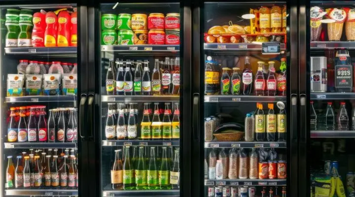 Exhibición refrigerada con diversos artículos de bebidas y alimentos, incluyendo refrescos, jugos y frascos de conservas en estantes detrás de puertas de vidrio, todo dispuesto siguiendo los Nuevos Lineamientos de COFEPRIS para una óptima seguridad y calidad.