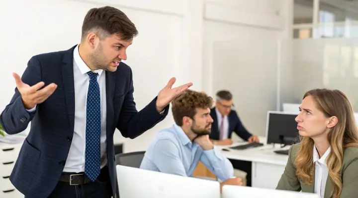 Un hombre de traje hace gestos mientras habla de relaciones laborales con una mujer sentada en un escritorio de una oficina. Otros dos están sentados al fondo, uno de ellos con un ordenador portátil.