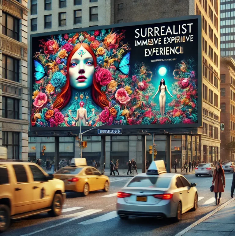 Un gran cartel publicitario en una ciudad muestra un vibrante y surrealista anuncio de una exposición de arte. Debajo, la calle bulle de autos en movimiento y peatones dispersos.