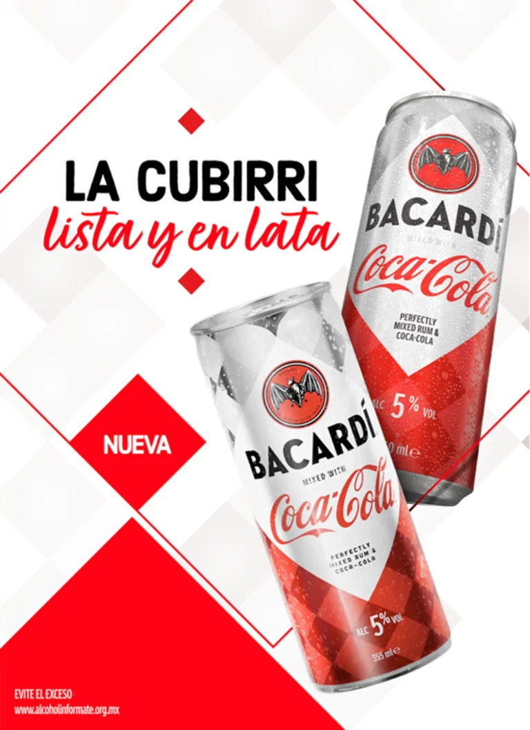 Se presentan dos latas de BACARDÍ y Coca-Cola sobre un fondo gráfico vibrante con texto en español, celebrando este nuevo y emocionante producto.