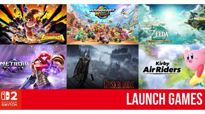 Collage de seis carátulas de juegos de Nintendo Switch 2 con los títulos: Donkey Kong Banana, Mario Kart World, Zelda Dimensions, Metroid Everon, Duskbloods y Kirby Air Riders. Texto "Juegos de lanzamiento" en la parte inferior.