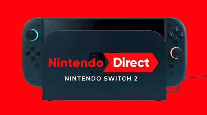 Una cautivadora imagen promocional de Nintendo Direct muestra el tan esperado Nintendo Switch 2, sobre un llamativo fondo rojo.