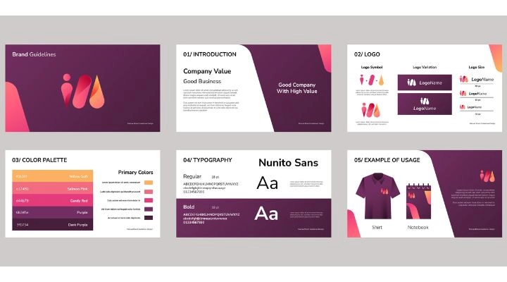 Seis diapositivas muestran un Manual de identidad corporativa, con logotipo, paleta de colores, tipografía y ejemplos de aplicaciones en una camiseta y un cuaderno, todo presentado en vibrantes tonos morado, rosa y naranja.