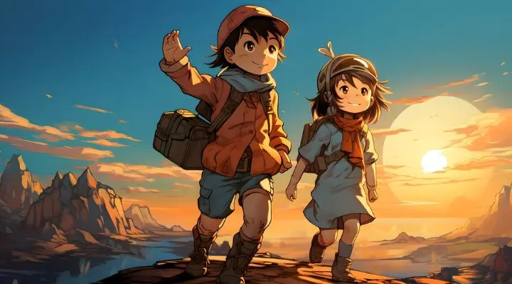 Dos niños animados, un niño y una niña, recorren un paisaje rocoso al atardecer, con sus mochilas bien ajustadas a sus ropas abrigadas. Con las montañas y el sol radiante como telón de fondo, esta escena podría mejorarse fácilmente con el uso de IA para añadir detalles impresionantes.