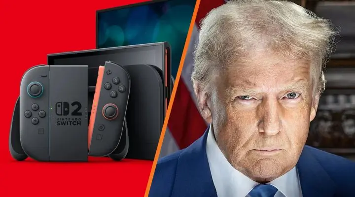 Una consola Nintendo Switch 2 con controladores a la izquierda, junto a un hombre de traje a la derecha.