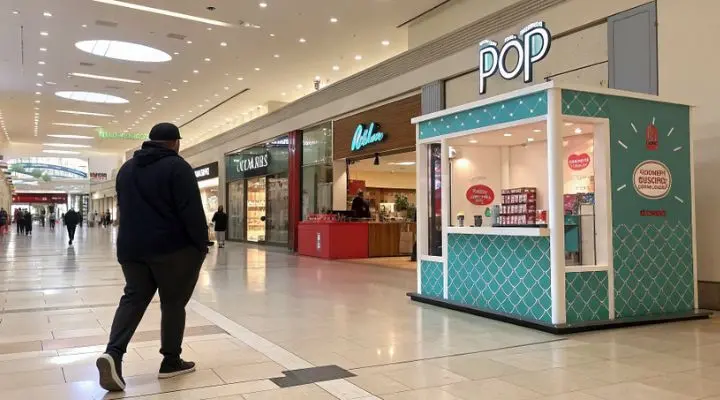 Una persona pasea junto a un pequeño quiosco emergente de color verde azulado con la etiqueta "POP up stores" en un bullicioso centro comercial, rodeado por una serie de tiendas de pop que se alinean a ambos lados de la pasarela.