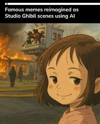Una imagen generada por IA muestra el meme "Disaster Girl" reinventado en el extravagante estilo Ghibli, con una niña sonriendo frente a una casa en llamas.