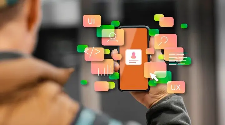 Persona que sostiene un teléfono inteligente con íconos flotantes coloridos y etiquetas relacionadas con conceptos de diseño de UI, UX y micro relaciones públicas que rodean el dispositivo.