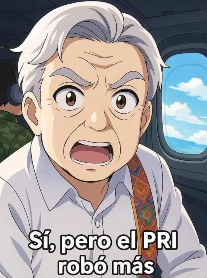 Personaje de estilo anime con cabello gris, camisa blanca y correa multicolor, con aspecto sorprendido dentro de un avión. Texto en español en la parte inferior.
