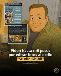 Ilustración de una persona sonriente con camisa a cuadros junto a un texto sobre edición de fotografías al estilo "Studio Ghibli" por hasta mil pesos.