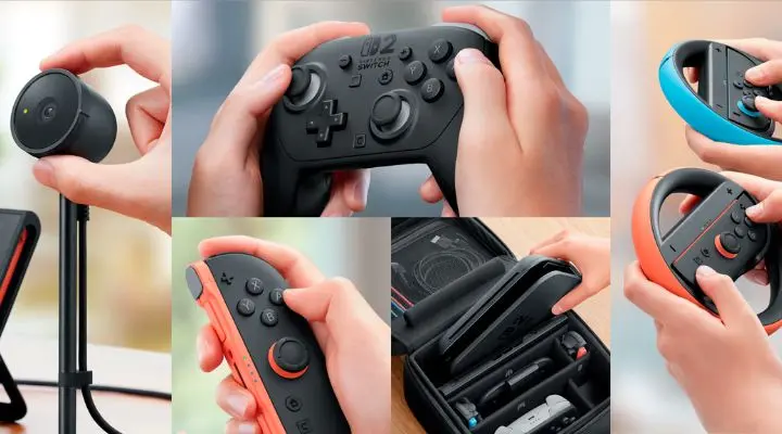 Collage que muestra manos que sostienen varios controladores de juegos, incluido el esperado Nintendo Switch 2, junto a una cámara de videoconferencia en un soporte.