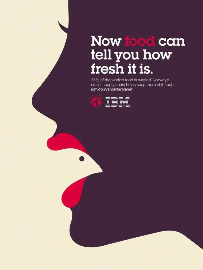 Perfil lateral estilizado del rostro de una mujer con el texto: "Ahora la comida puede decirte qué tan fresca está", mostrando la cadena de suministro inteligente de IBM y anuncios creativos para reducir el desperdicio de alimentos.
