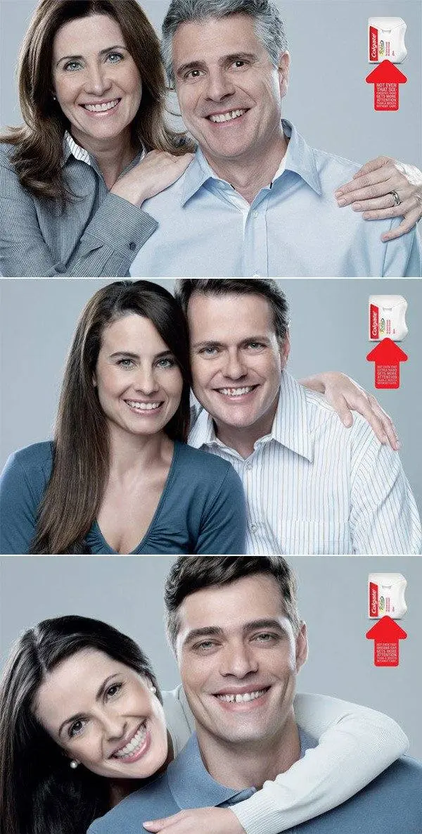 Tres parejas de adultos sonrientes posan juntos de forma cercana y amistosa. Un símbolo de interruptor a la derecha resalta sus roles invertidos y las transformaciones de color de cabello: un ejemplo de anuncios creativos que capta la atención con cambios lúdicos.
