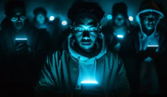 Un grupo de personas permanece en la oscuridad, iluminado por el brillo azul de sus teléfonos inteligentes, cada uno absorto en su pantalla, capturando la esencia de Dark Social mientras interactúan de forma privada y sin ser vistos.