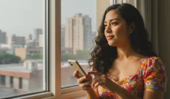 Una mujer con un vestido floral se encuentra junto a una ventana, sostiene un teléfono inteligente y mira los edificios de la ciudad, reflexionando sobre cómo la Inteligencia Artificial en comunicación transforma su forma de conectarse con el mundo.