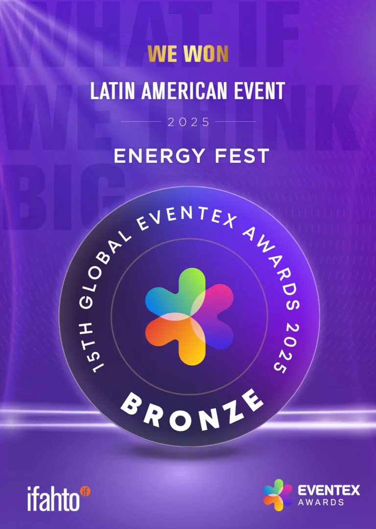 Cartel que anuncia que Energy Fest ganó el Bronce para Evento Latinoamericano en los 15º Global Eventex Awards 2025. Los logotipos de Eventex Awards e Ifahto se muestran con orgullo.