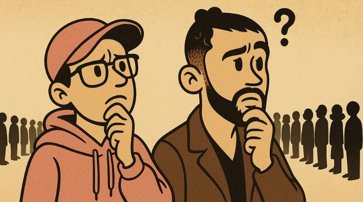 Dos personas permanecen pensativas con las manos en la barbilla (una con sudadera y gorra, la otra con chaqueta) y un signo de interrogación sobre ellas, mientras reflexionan sobre El velo de los precios en medio de misteriosas siluetas en el fondo.