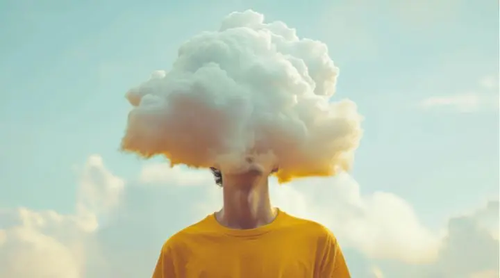Una persona con una camisa amarilla aparece de pie, con la cabeza oculta por una nube grande y esponjosa contra un cielo despejado, evocando la imaginación onírica que suele emplearse en el marketing emocional.