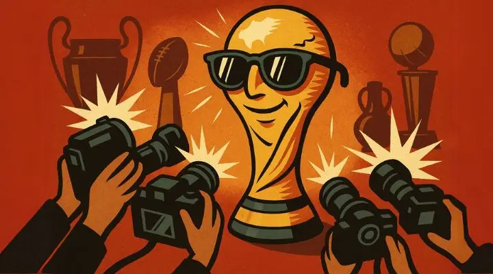 Ilustración de un trofeo con gafas de sol siendo fotografiado por cámaras, con otros trofeos deportivos y premios en el fondo sobre un fondo rojo, capturando el espíritu festivo del Mundial 2026.
