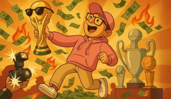 Persona de dibujos animados con una sudadera con capucha rosa sostiene un trofeo con gafas de sol, rodeado de dinero, llamas y otros trofeos, mientras las cámaras disparan flash, celebrando una victoria en el Mundial 2026.